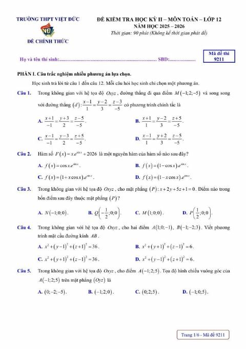 Đề thi Học kì 2 Toán 12 năm 2025-2026 trường THPT Việt Đức (Hà Nội)
